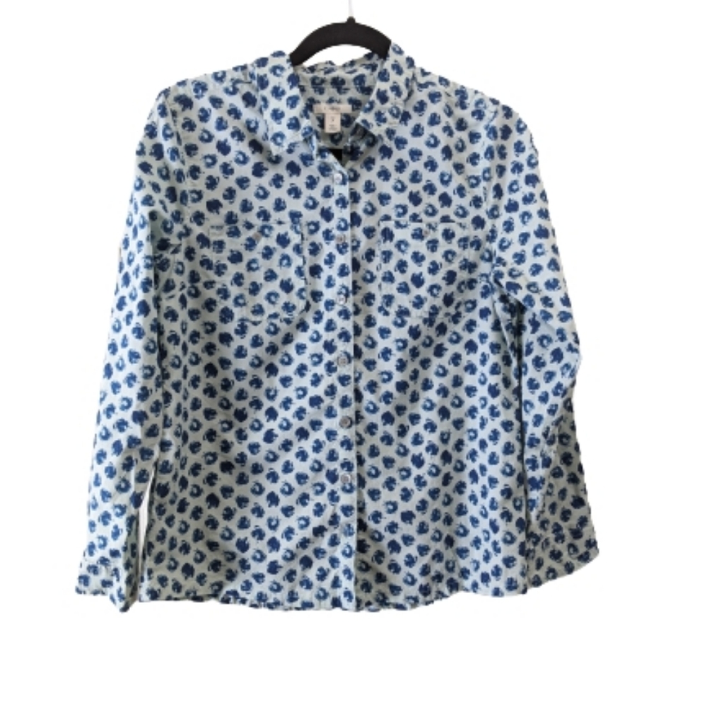 🌟 Caslon Women's Blue Collared Long Sleeve button up Blouse